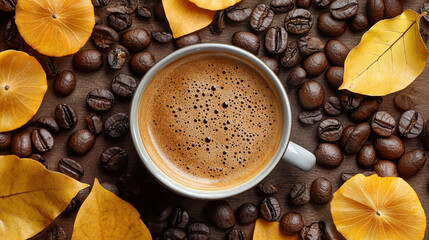 warm cup of coffee surrounded by coffee beans and autumn leaves creates cozy atmosphere. Perfect for fall themed designs or coffee related content