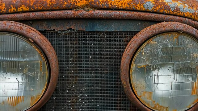 Vintage truck grille showing rust and weathered details in an outdoor setting
