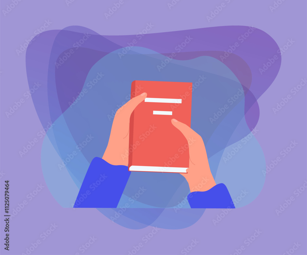 Poster hands of reader holding closed paper book for learning. person reading literature from library, book