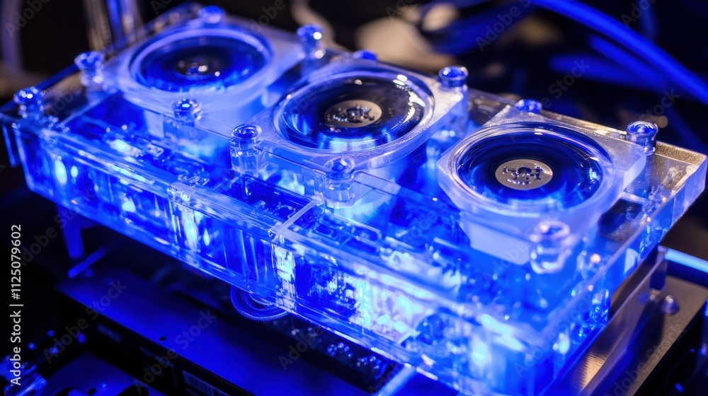 Poster intricate cooling system for ai supercomputer with blue led lights in a dimly lit environment highli
