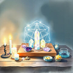 Enlightened crystals arranged in a geometric design on an altar with candles and decorative items