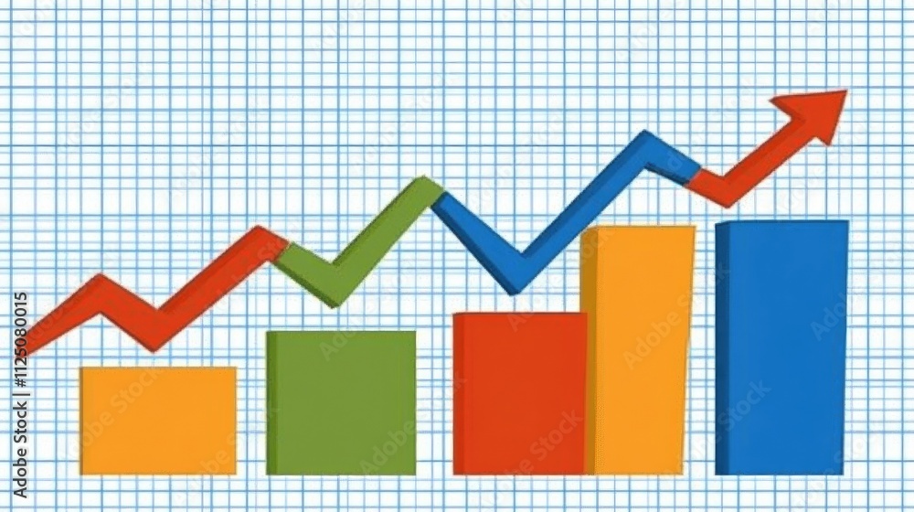 Poster a dynamic stock market chart with colorful lines and rising bars, representing bullish trends. the b