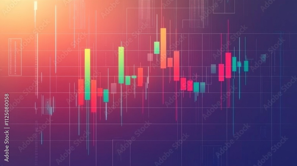 Poster a dynamic stock market chart with colorful lines and rising bars, representing bullish trends. the b