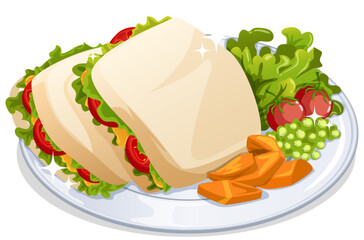Vegetable Cheese Sandwiches Served with Carrots, Peas, Cherry Tomatoes and Lettuce. Anime Food Art