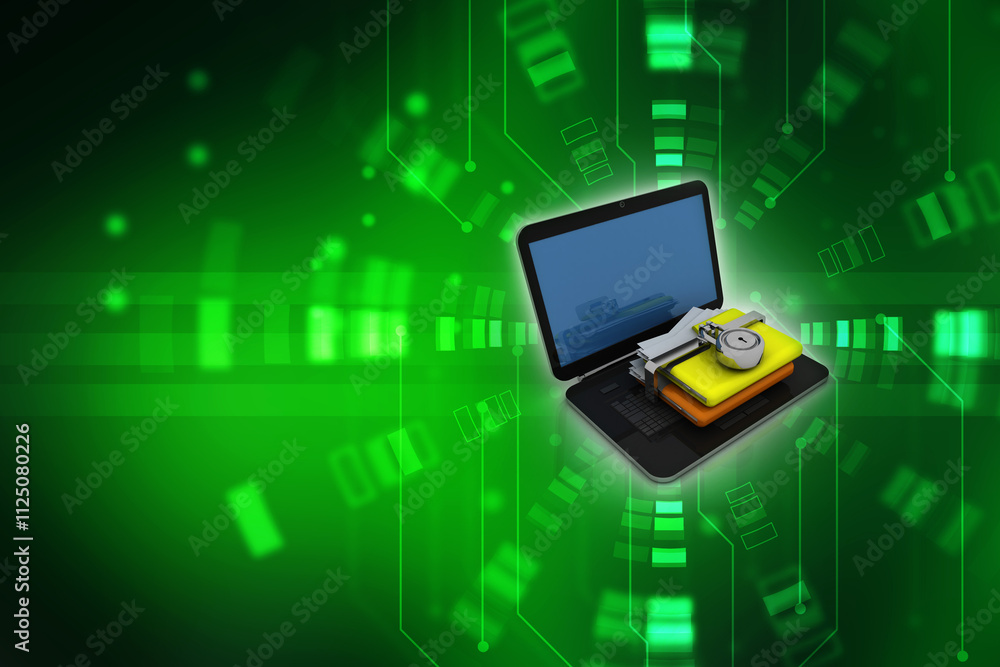 Poster 3d rendering yellow folder and lock on laptop. data security concept