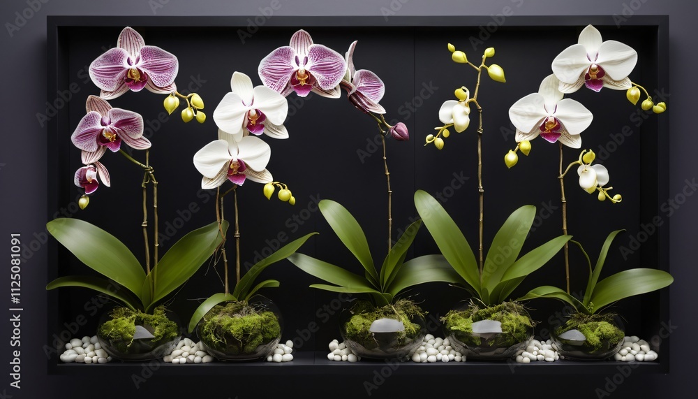 Fototapete 3D panels with realistic, exotic orchids. The should feature purple and white Phalaenopsis orchids, with realistic petal textures and intricate patterns.