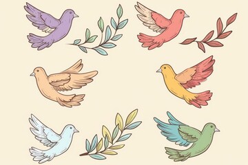 Fototapeta premium Peace dove icon, pigeons, dove twigs doodle sketched collection. Flying birds silhouettes on white