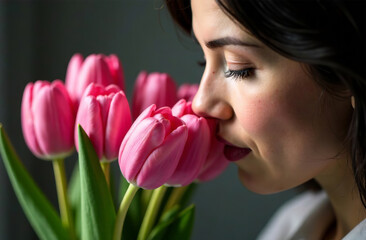 Fototapeta premium Woman sniffing bouquet of pink tulips, female flower flavor. AI Generative