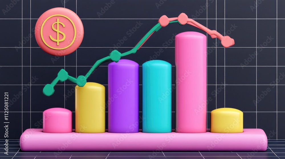 Poster a futuristic 3d bar chart in metallic tones, with hovering labels showing data points. the backgroun