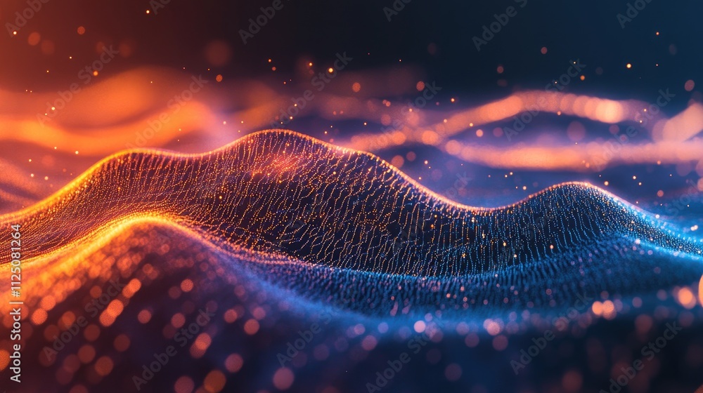 Poster abstract digital landscape with glowing waves in orange and blue hues, creating a mesmerizing visual