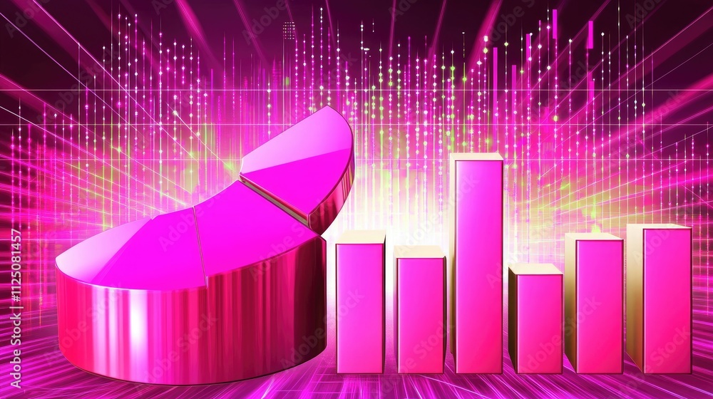 Poster a futuristic 3d pie chart with metallic segments, spinning in mid-air over a dark background with di