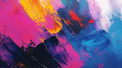 Vibrant abstract painting with bold strokes in pink, blue, and orange hues, creating an energetic and dynamic visual experience.