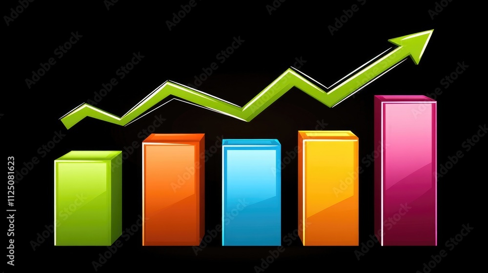 Poster a glowing 3d bar chart in metallic colors, floating above a dark background with digital data points