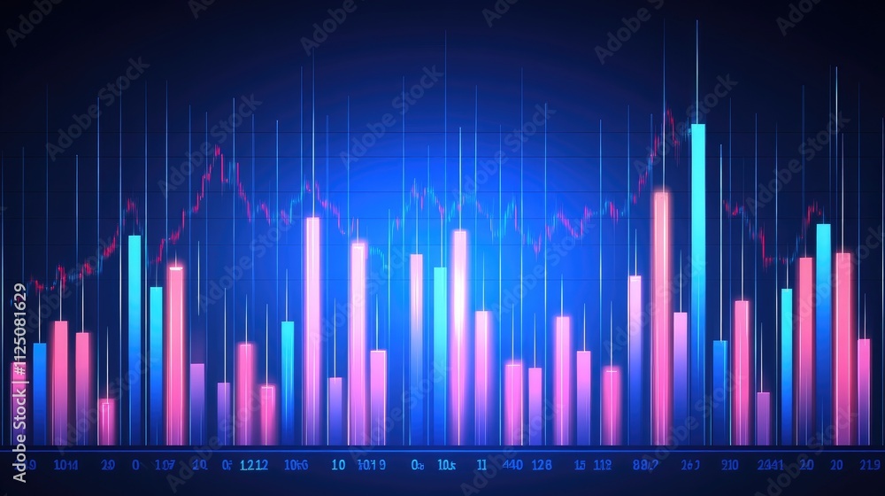 Poster a futuristic stock market graph with neon lines showing market fluctuations. the background includes