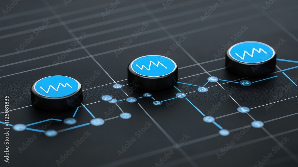Poster a glowing 3d pie chart with metallic tones, hovering over a dark, grid-like background. the slices e