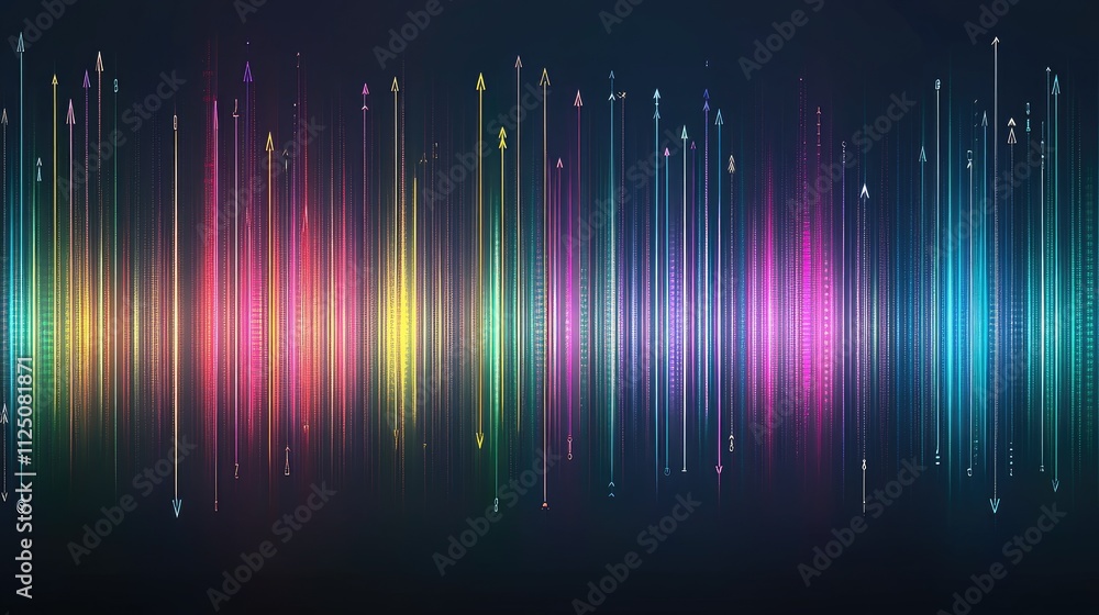 Poster a glowing 3d bar chart in metallic colors, floating above a dark background with digital data points