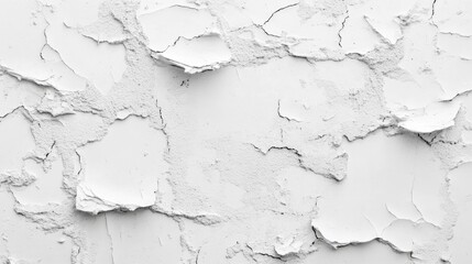 Obraz premium Textured white wall with peeling paint, showcasing an aged and distressed appearance.