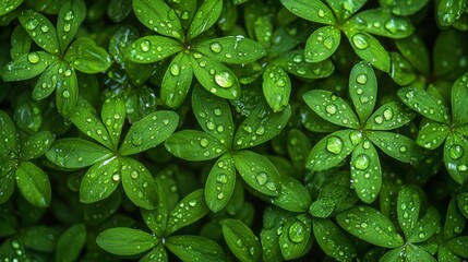 Lush Green Leaves Covered In Dew Drops