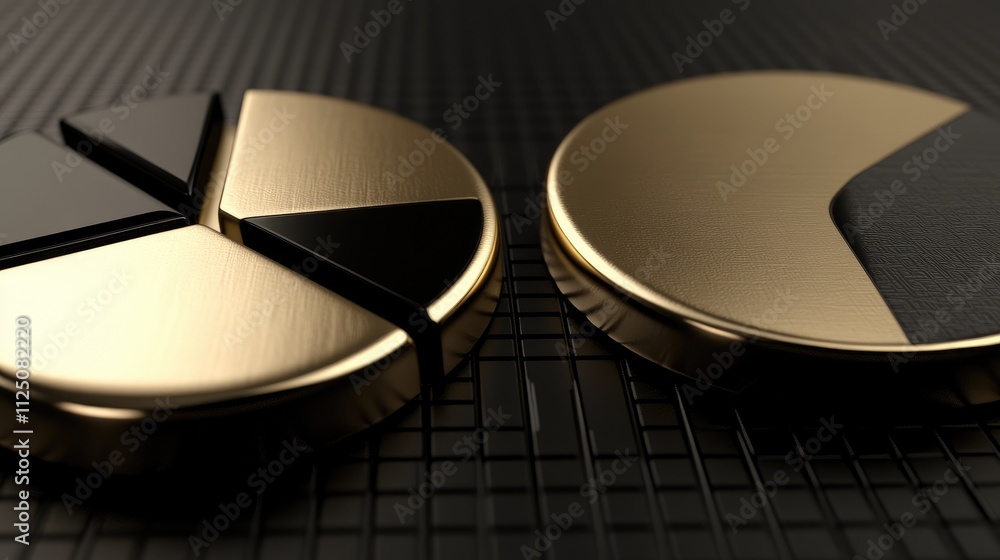 Poster a glowing 3d pie chart with metallic tones, hovering over a dark, grid-like background. the slices e