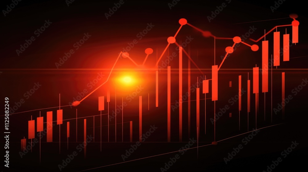 Poster a glowing 3d stock chart with sharp market spikes and dips, set against a dark background with brigh