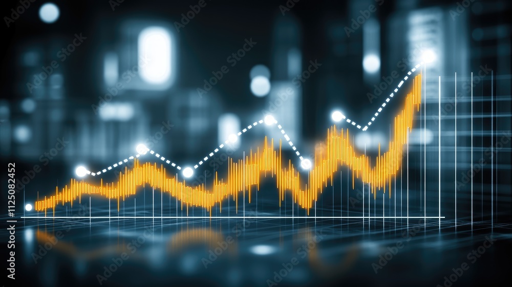 Aufkleber a glowing 3d stock chart with sharp market spikes and dips, set against a dark background with brigh
