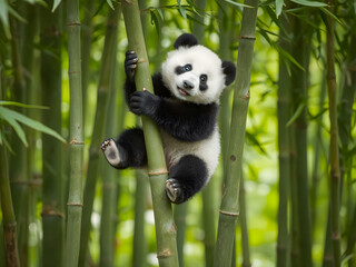 Obraz premium A giant panda bear sitting on a bamboo tree in a zoo