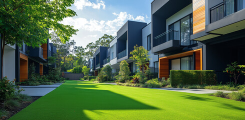 Modern townhouses with vibrant greenery and sleek architectural design
