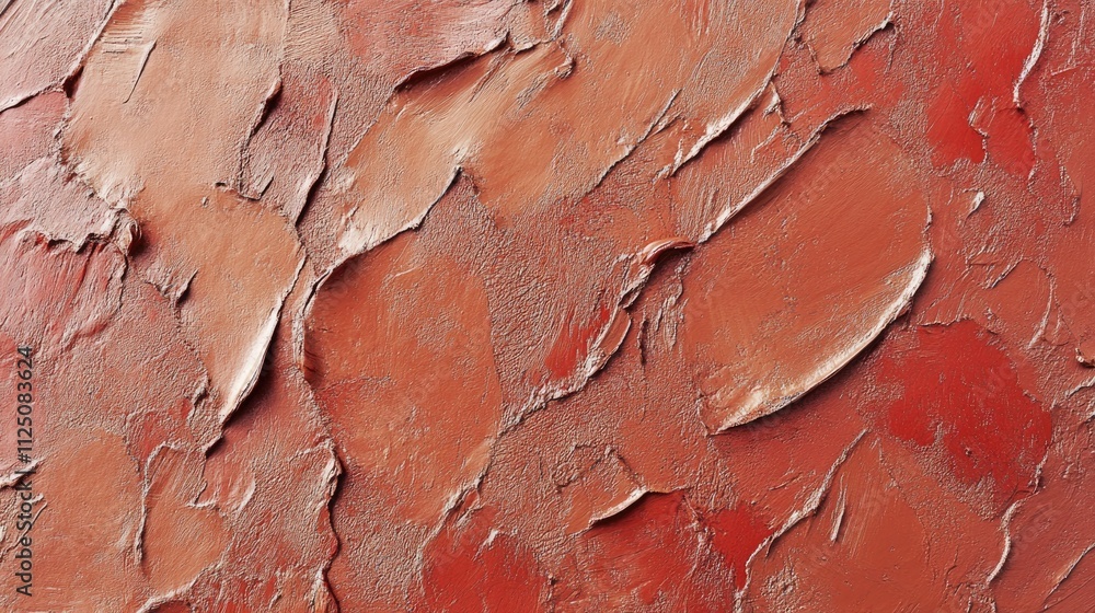 Poster close-up of textured red and terracotta abstract wall art, showcasing rich layers and dynamic patter