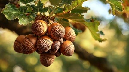 An oak tree laden with acorns surrounded by a serene forest.