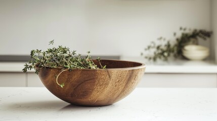 A wooden bowl with thyme on a white kitchen counter