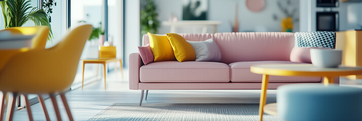 Bright living room with pink sofa and yellow accents
