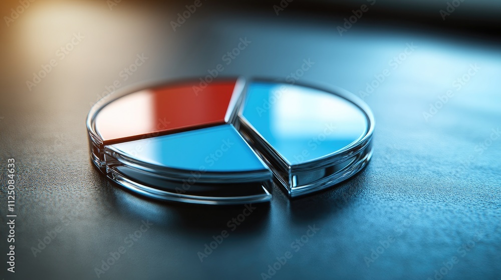 Poster a modern 3d pie chart with shiny, transparent slices in vivid colors, floating in space. each slice 