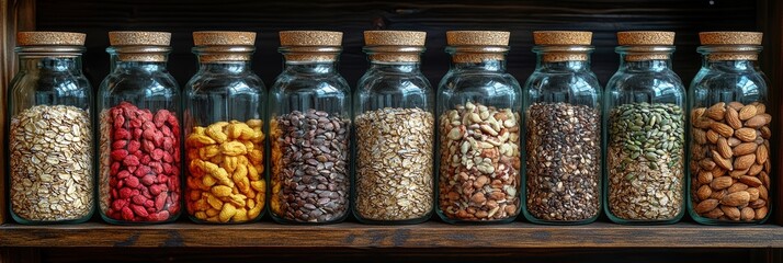 Healthy shelf filled with nutritious nuts, seeds, and cereals for a balanced diet