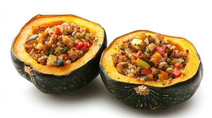 A roasted acorn squash cut in half, filled with a colorful stuffing.