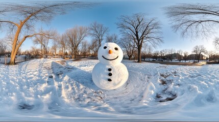 Cheerful Snowman Standing in Snowy Winter Landscape During Daylight