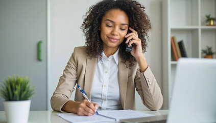 Obraz premium Focused businesswoman on phone while taking notes in professional office setting