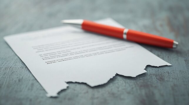 Broken Legal Contract and Document with Pen on Desk