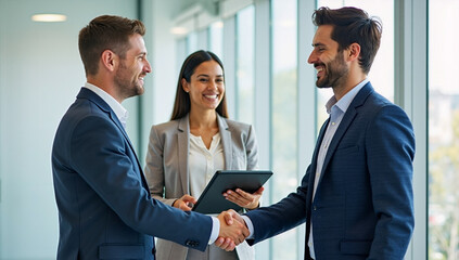 Business meeting with handshake between two professionals and colleague smiling