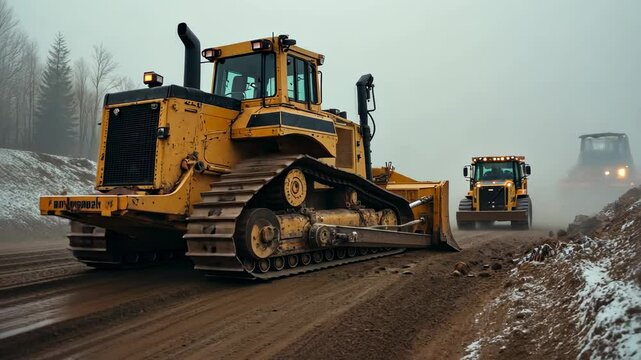 Heavy machinery works on a foggy day at a construction site with dirt and snow