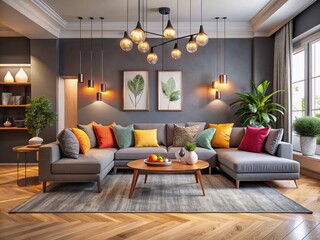 Cozy Living Room with Gray Sofa and Colorful Pillows, Inviting Atmosphere for Relaxation and Stylish Decor, Perfect for Home Interior Inspiration and Design Ideas