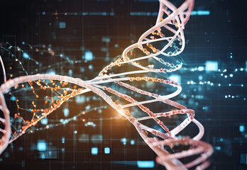 dna helix intertwined with futuristic digital elements in a glowing science-inspired setting