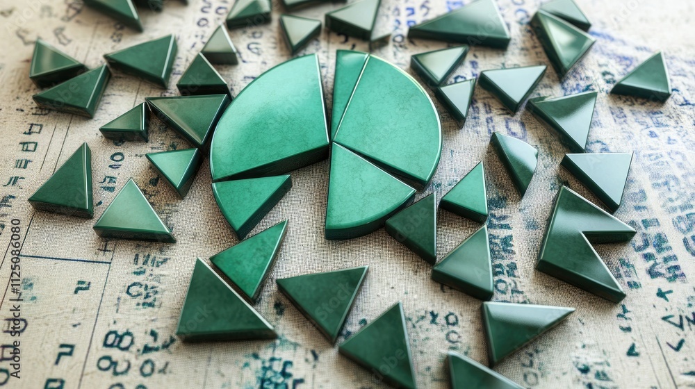 Poster a polished 3d pie chart with sleek, glass-like segments in varying shades of blue and green. the cha