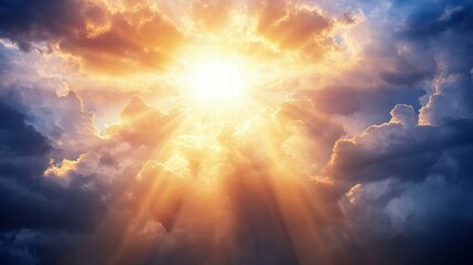 Fototapeta premium Sunlight through stormy clouds over tranquil ocean