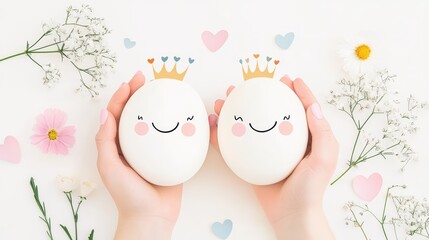 Adorable Eggs with Cute Faces and Crowns Surrounded by Spring Flowers
