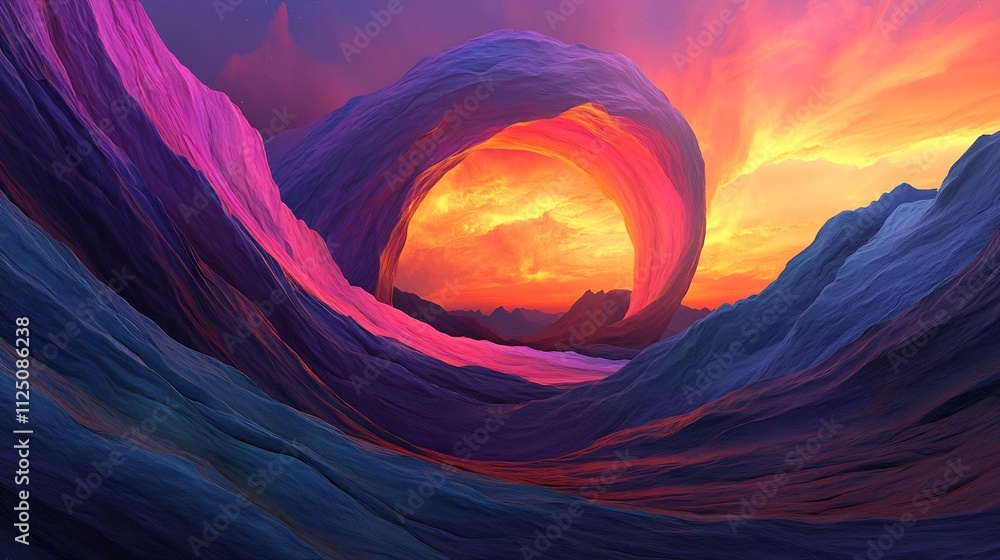 Poster vibrant 3d surreal landscape with bending and twisting colorful waveforms