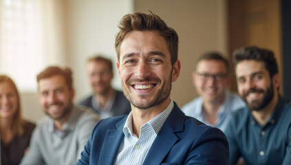 Happy businessman in formal attire during a team meeting in office setting