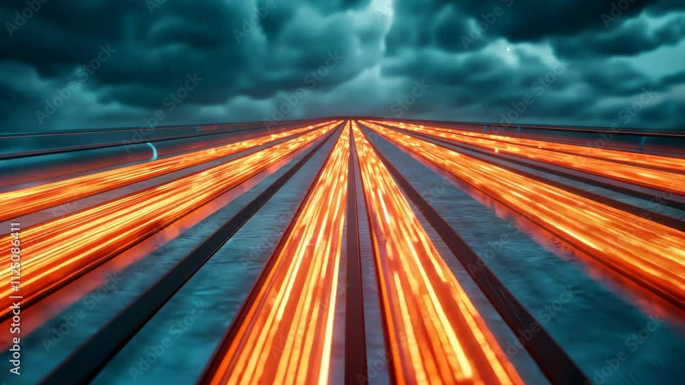 Poster dynamic urban scene with light trails and dramatic clouds in alpha turbo style