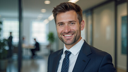Confident businessman smiling in a formal suit at the office
