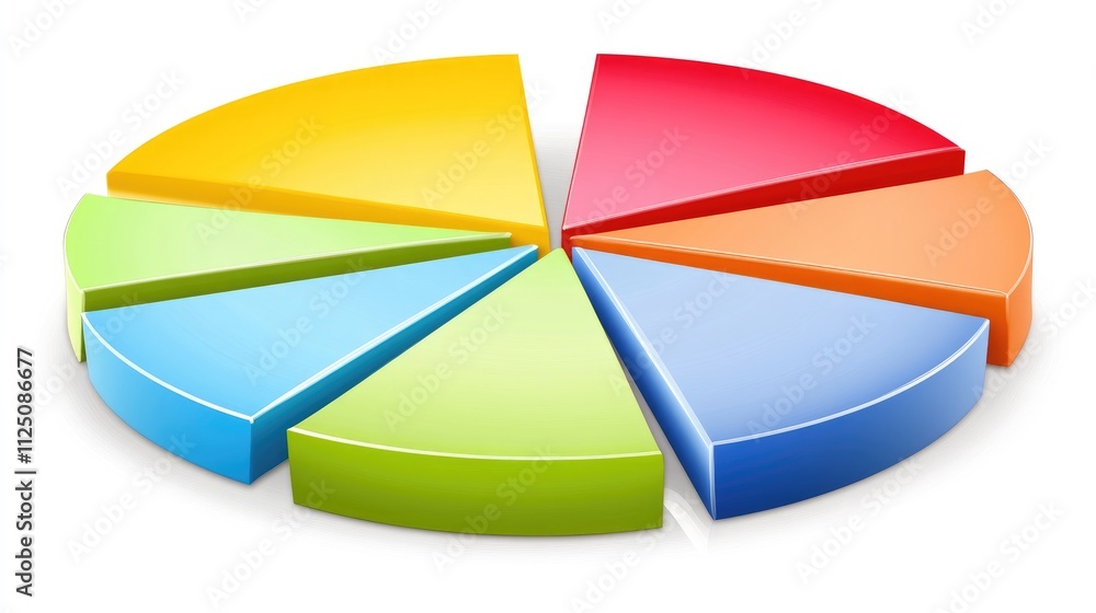 Poster a rotating 3d pie chart with bold colors and segmented slices, representing different market shares.