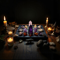 Beautiful crystal arrangement with candles on a wooden altar in a dark, mystical setting